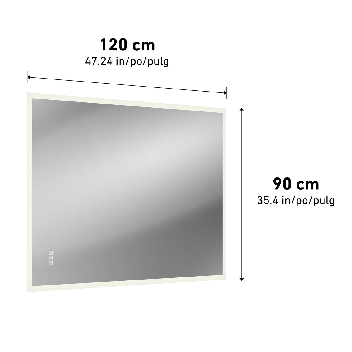 Artika's Mavis 48" x 36" Rectangular LED Mirror, 3CCT with Defogger, features an illuminated border and is displayed with labeled dimensions and icons in the lower left corner.