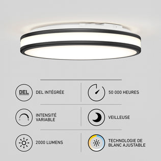 Artika Hemisphere 15 in. (38 cm) LED Flush Mount Ceiling Light 5 CCT, a round black-rimmed fixture with six icons and text showing 2000 lumens.