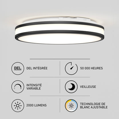 Artika Hemisphere 15 in. (38 cm) LED Flush Mount Ceiling Light 5 CCT, a round black-rimmed fixture with six icons and text showing 2000 lumens.