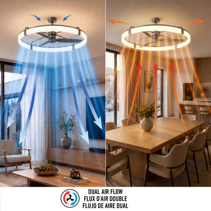 Artika Sunnyvale 52″ LED ceiling fan above a dining table shows cool and warm air dual-flow options with remote control.