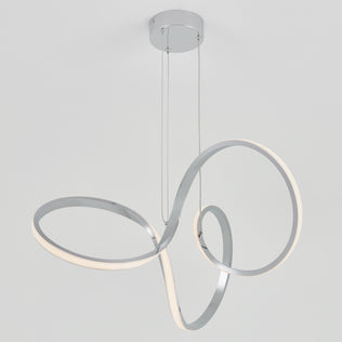 The Artika Swirl LED pendant light features two sleek, intertwined LED loops suspended from thin cables on a polished chrome base, creating a modern look against a plain white background.