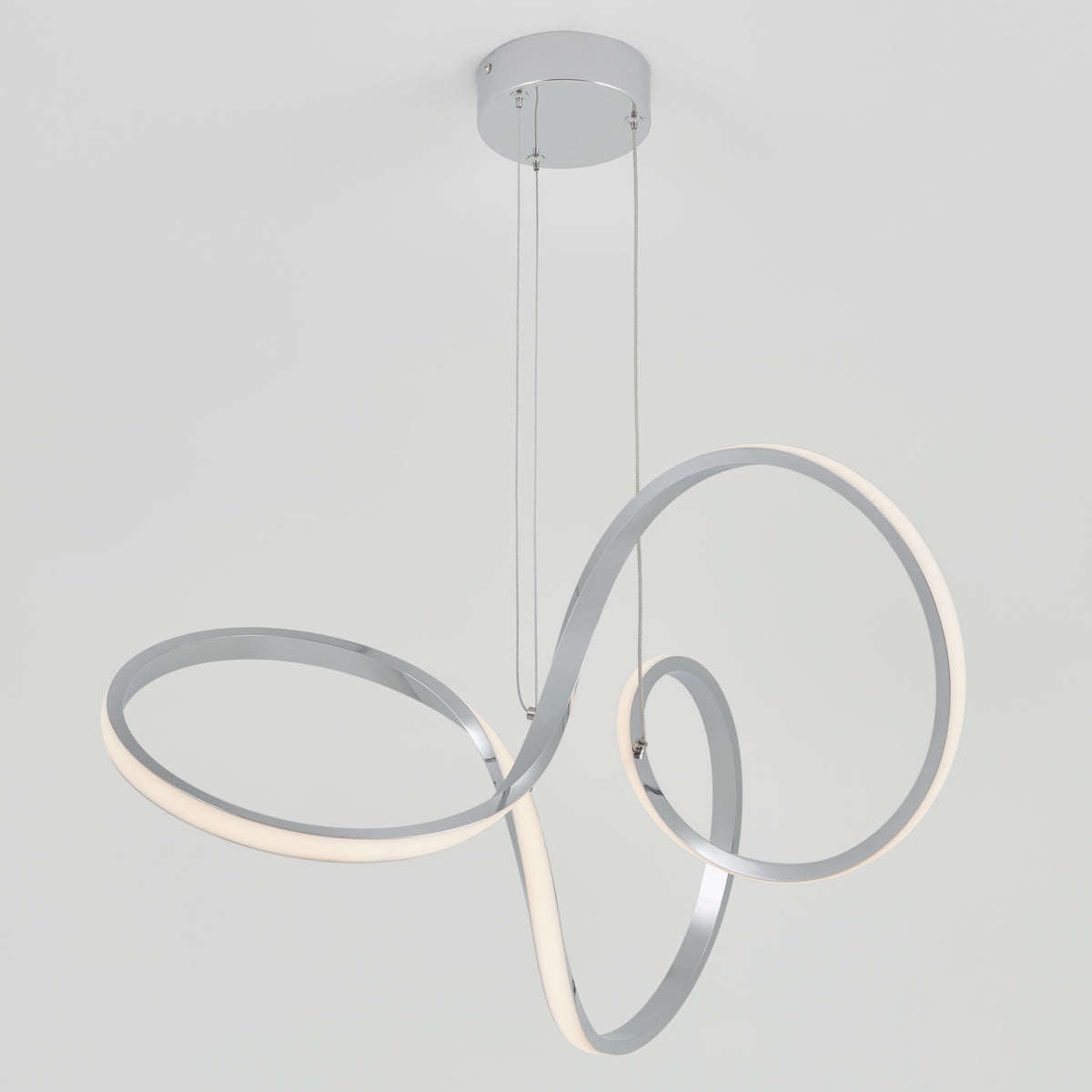 A modern ceiling pendant light with a polished metal base and three interwoven, softly glowing LED loops suspended by thin wires against a plain white background.