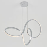 A modern ceiling pendant light with a polished metal base and three interwoven, softly glowing LED loops suspended by thin wires against a plain white background.