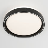 A modern, circular ceiling light with a black outer ring and a frosted white center, mounted on a plain white ceiling.