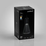 A black box packaging for an Artika Kiyo pendant light, featuring an image of the light fixture and product details including an energy efficiency label, warranty, brightness, and smart features on a plain gray background.