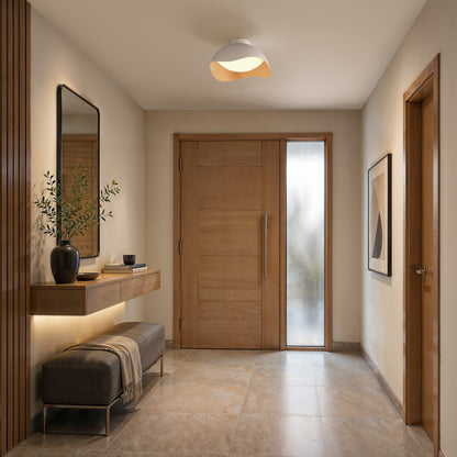 Adara 15 in. (38 cm) Modern LED Flush Mount Ceiling Light 5 CCT with a white and wood-toned dome design installed in a residential entryway.