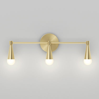 The Artika Wayden LED mid-century bathroom vanity light features three cone-shaped arms with frosted bulbs, all mounted on a round backplate and shown against a plain light gray wall.