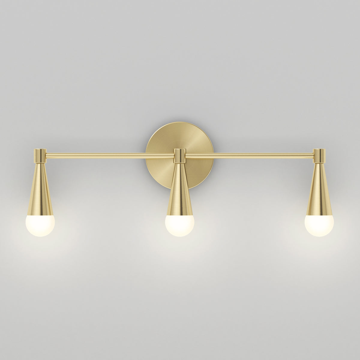 The Artika Wayden LED mid-century vanity light features 3 cone arms and white bulbs on a circular base, perfect for modern bathrooms.