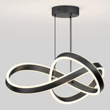 Modern ceiling light fixture with two intertwined, black metal loops outlined with white LED light, hanging from a round black base by two slim rods against a plain light gray background.