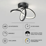 Modern black LED ceiling light with curving, looped design, mounted on a white ceiling. Features listed: LED integrated, 50,000 hours, dimmable, easy installation, 1,000 lumens, selectable white technology.