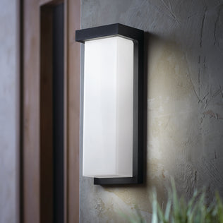 The Artika Skeet LED indoor-outdoor light features a frosted white shade and black metal frame, mounted on a textured beige wall near a wooden door and green plant, creating a modern, tranquil aesthetic.