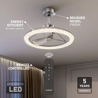 Artika Carat 23" LED modern ceiling fan with remote, gemstone-cut diffuser, brushed nickel finish, 5-year warranty.