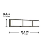 Rectangular wall-mounted light fixture with three glass panels and metal frame, measuring 13.2 cm (5.2 in) in height and 68.6 cm (27 in) in width, shown with measurement arrows.