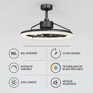 Artika Carat 23 in. LED modern fandelier ceiling fan: black circular design with a crystalline light ring, 50,000-hour life, dimmable, silent motor.