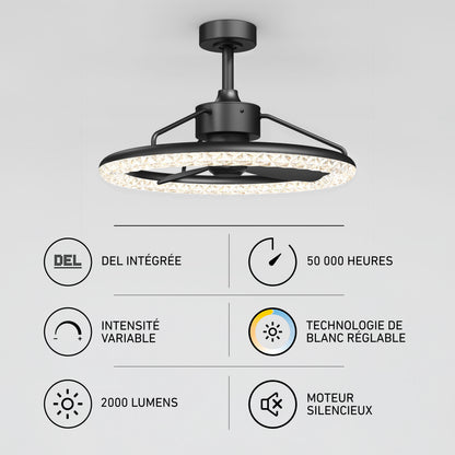 Artika Carat 23 in. LED modern fandelier ceiling fan: black circular design with a crystalline light ring, 50,000-hour life, dimmable, silent motor.