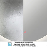 A round mirror showing a split surface: the left side has water droplets and fog, while the right side is clear. Below is a label reading Integrated Defog Touch Function in four languages.