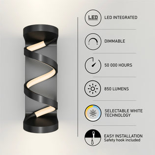 Artika Swirl indoor-outdoor LED wall light features integrated LED, dimmable, 50,000-hour lifespan, 850 lumens, selectable white tech, and easy installation with safety hook included.