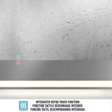 A fogged mirror with water droplets, a clear section with touch symbols for defogging, and text below reading Integrated Defog Touch Function in English, French, and Spanish.