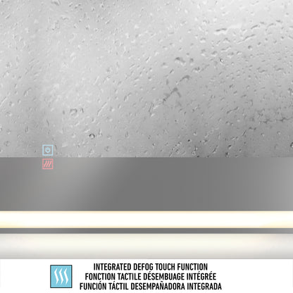 The Sofia LED mirror 3 CCT with defogger by Artika features a fogged-up surface with water droplets, a clear area below touch icons, and a blue defog symbol. Text below states Integrated Defog Touch Function in English, French, and Spanish.