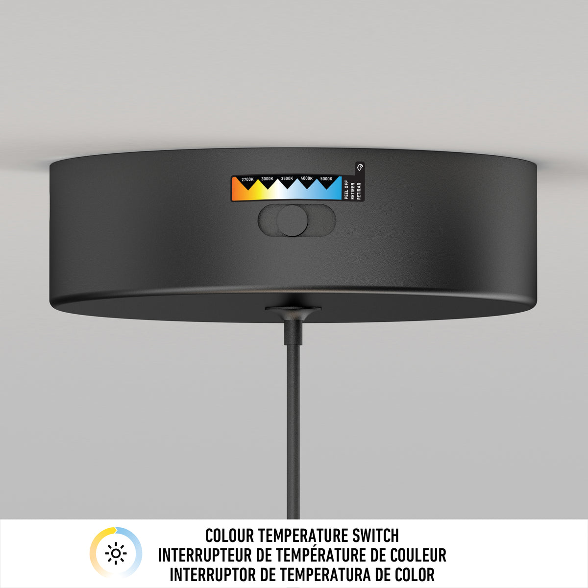 The Artika Catena LED pendant light 5 CCT is a black, ceiling-mounted fixture with a color temperature switch. A cord hangs down, and a diagram below displays the switch feature labeled in English, French, and Spanish.