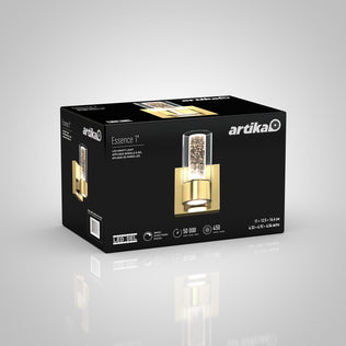 Box of Artika Essence 1-light LED bathroom vanity light in gold, with product image and details on a gray gradient background.
