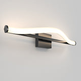 A modern wall-mounted LED light fixture with a wavy, illuminated white bar and a sleek metallic base, attached to a light gray wall.