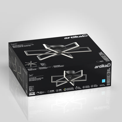 A black box for the Artika Swirl 26 in. LED modern ceiling fan is shown, featuring an image of the geometric fan on the front, with product specs and details printed in white text on the packaging.