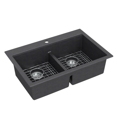 Artika Baycrest 33″ black double-bowl kitchen sink with central divider, metal grids, and one faucet hole.