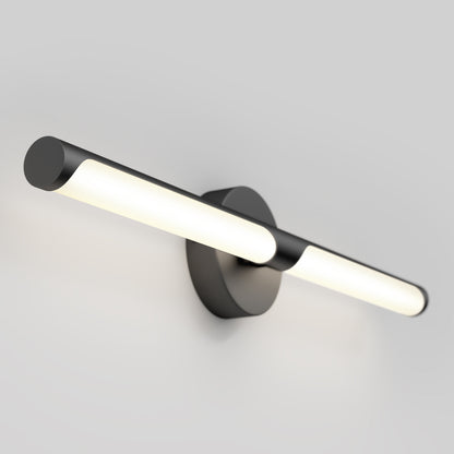 The Artika Ilona LED bathroom vanity light 5 CCT features a modern, wall-mounted black cylindrical base with two sleek white illuminated tubes extending horizontally, shown against a plain light gray background.