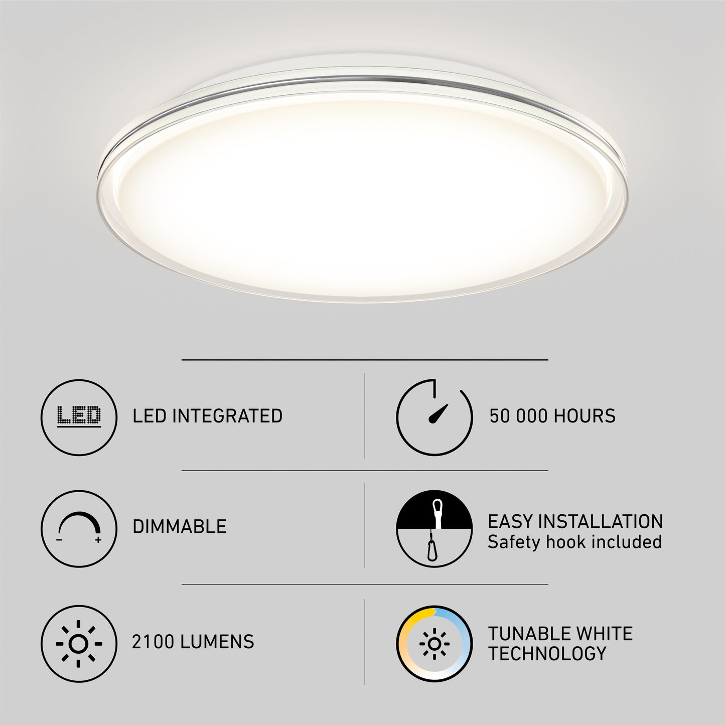 The Artika Astrid 16.5 in. LED flush mount light features a glowing white panel with six icons showing: integrated LED, dimmable, 2100 lumens, 50,000-hour lifespan, easy installation, and tunable white (5 CCT) with remote.