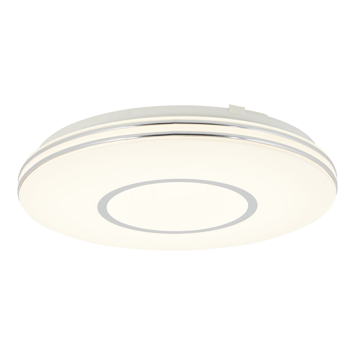 A round, modern LED ceiling light with a sleek design, featuring a glowing white center and a thin metallic ring around the edge.