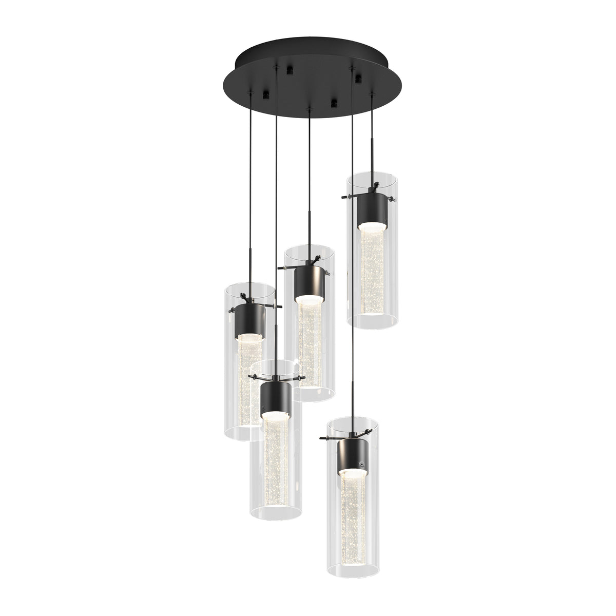 The Artika Essence 5-light LED pendant features five cylindrical glass shades suspended at different heights from a round black mount, emitting a soft, glowing light for a modern touch.