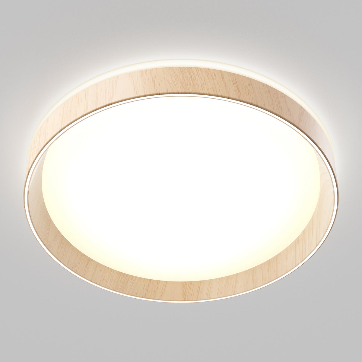 The Artika Callisto 15 in. LED flush mount light features a wooden trim and emits a bright, even white glow, seamlessly mounted on a plain light gray ceiling.