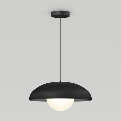 The Artika Boden LED modern mid-century pendant light 3 CCT features a black dome-shaped shade and glowing white bulb, hanging by a thin black cord against a plain light gray background.