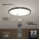 A round ceiling light with a black finish and plastic diffuser, shown with a remote control beneath it. Icons indicate integrated LED and a 5-year warranty. Text notes it is remote controlled and requires no bulbs.