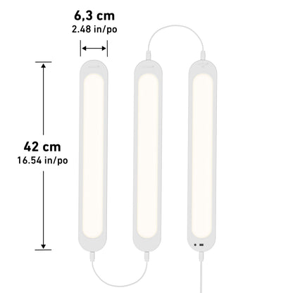 Artika Impulse Under-Cabinet LED Light RGB+CCT, 3 bars (42x6.3 cm), remote control, labels in cm/inch.