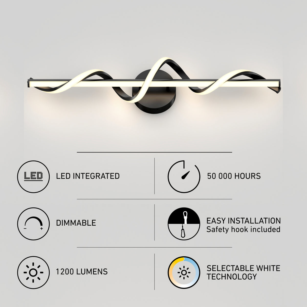 Modern LED wall light with a wave-shaped design, illuminated and mounted on a wall. Features listed: LED integrated, 50,000 hours, dimmable, easy installation, 1200 lumens, and selectable white technology.