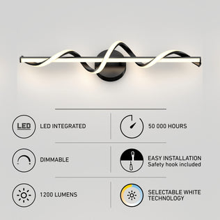 The Artika Coda 27-in Integrated LED Vanity Light Bar is mounted on a wall. Below, icons and text highlight: 5-CCT selectable white, LED integrated, 50,000-hour lifespan, dimmable, easy installation, and 1200 lumens.