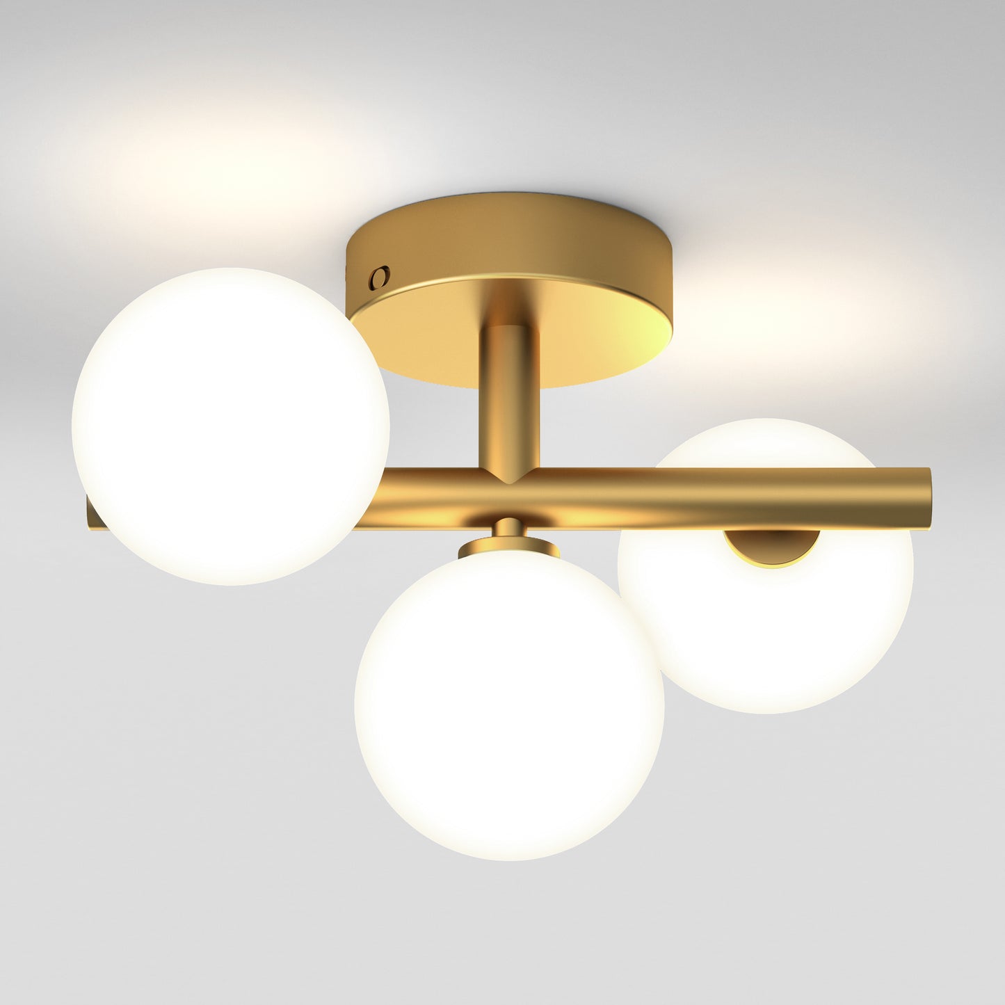 The Artika Bloom modern mid-century LED flush mount light 5 CCT features a gold finish with three asymmetrical frosted glass globes on a short bar, attached to a circular base, casting a soft ceiling glow.