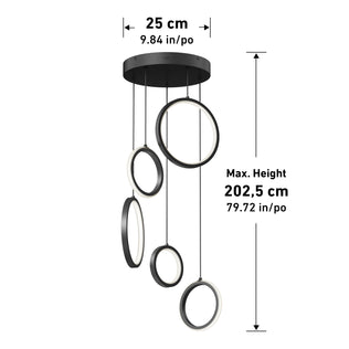 The Artika Elmo 5-light LED pendant features five circular rings hanging at varying heights in black and white. The ceiling base measures 25 cm (9.8), with a max hanging height of 202.5 cm (79.7). Measurements shown in inches too.