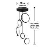 Modern pendant light fixture with four circular LED rings hanging at different heights from a round black ceiling base. Dimensions: base diameter 25 cm (9.84 in), maximum hanging height 202.5 cm (79.72 in).
