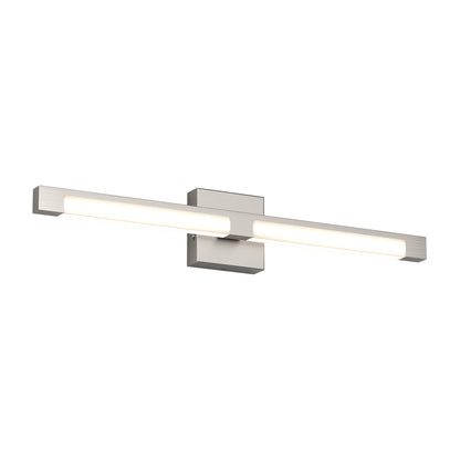 The Artika Tivoli modern LED bathroom vanity light 5 CCT features a rectangular brushed metal base, a long frosted light bar, and adjustable color temperature, offering customizable brightness for your space.
