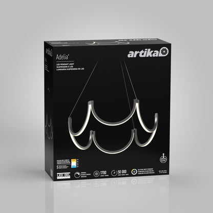 A black Artika box showcases the Adelia LED pendant light 5 CCT, a modern wavy chandelier. Packaging highlights include 1700 lumens and a 50,000-hour lifespan.