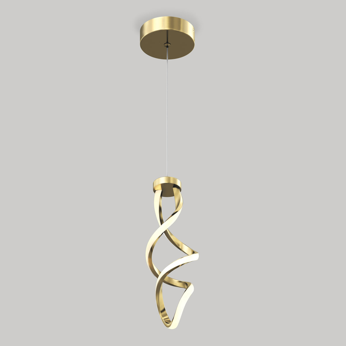 The Artika Mini Swirl LED pendant light features a modern twisted spiral design, hanging from a thin wire against a plain gray background.