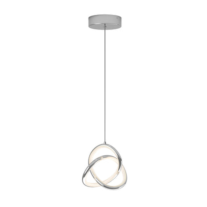 A modern pendant light with three interlocking, illuminated metal rings hanging from a thin cord attached to a round ceiling mount. The design is sleek and contemporary.