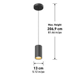 A black cylindrical pendant light hangs from the ceiling. Maximum hanging height is 206.9 cm (81.46 inches) and the lamp diameter is 13 cm (5.12 inches). Measurements are labeled with arrows.