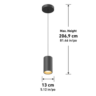 The Artika Alton mini LED pendant light 5 CCT is a minimalist black fixture hanging from a ceiling mount, measuring 13 cm (5.12 in) in diameter and up to 206.9 cm (81.46 in) high, shown with measurement arrows and labels.