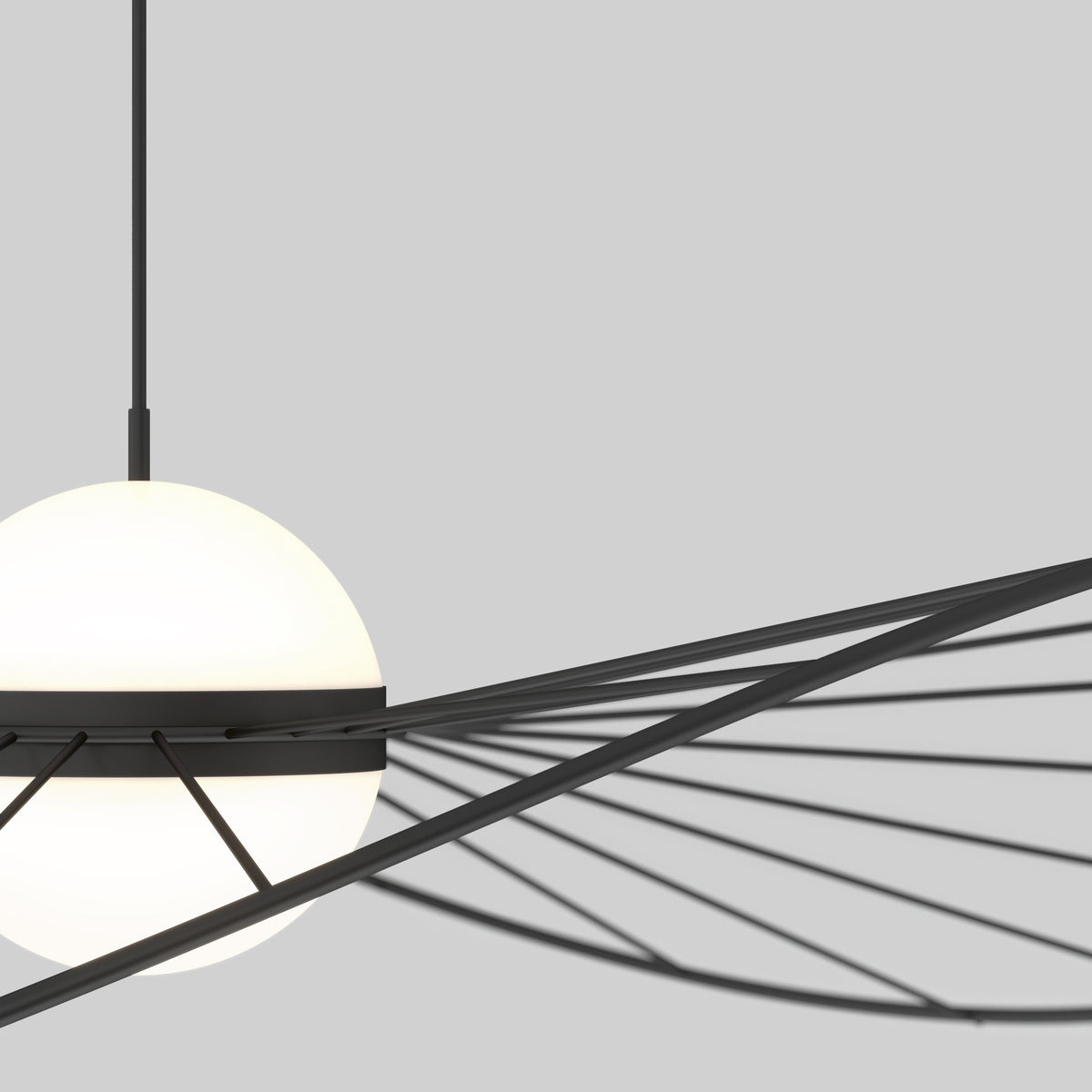A modern pendant light with a white spherical shade, surrounded by black metal rods that fan out in a geometric, spiral pattern against a plain light gray background.