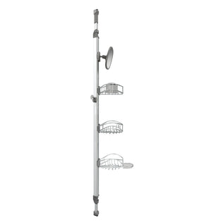 The Artika Neptune shower caddy features three wire baskets, an adjustable pole, and a round mirror, offering a rust-resistant vertical bathroom organizer.