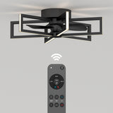A modern ceiling fan with a geometric, square frame and LED lighting, mounted on a white ceiling. A remote control with multiple buttons is shown underneath, indicating wireless operation.